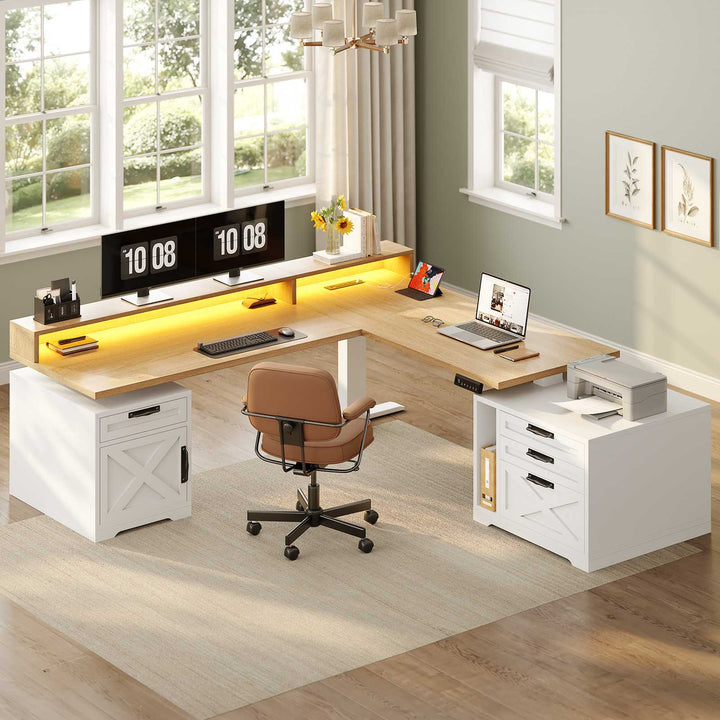 SEDETA 70.1 Inch Farmhouse L Shaped Standing Desk Electric Height Adjustable Executive Desk with Drawers Power Outlet Printer Stand Monitor Stand Led Lights