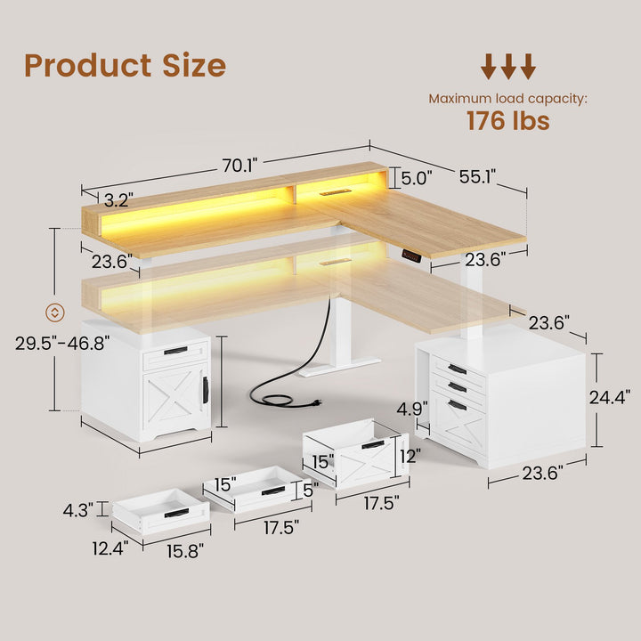SEDETA 70.1 Inch Farmhouse L Shaped Standing Desk Electric Height Adjustable Executive Desk with Drawers Power Outlet Printer Stand Monitor Stand Led Lights
