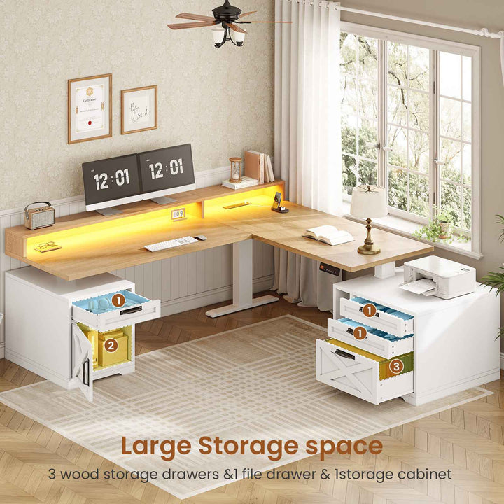 SEDETA 70.1 Inch Farmhouse L Shaped Standing Desk Electric Height Adjustable Executive Desk with Drawers Power Outlet Printer Stand Monitor Stand Led Lights