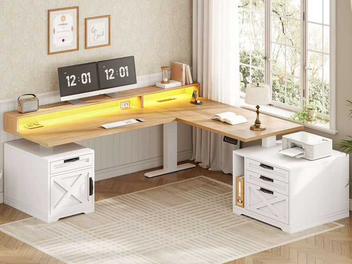 SEDETA 70.1 Inch Farmhouse L Shaped Standing Desk Electric Height Adjustable Executive Desk with Drawers Power Outlet Printer Stand Monitor Stand Led Lights