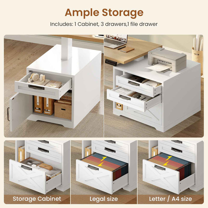 SEDETA 70.1 Inch Farmhouse L Shaped Standing Desk Electric Height Adjustable Executive Desk with Drawers Power Outlet Printer Stand Monitor Stand Led Lights