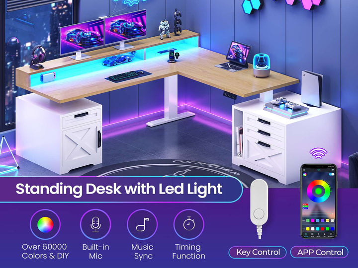 SEDETA 70.1 Inch Farmhouse L Shaped Standing Desk Electric Height Adjustable Executive Desk with Drawers Power Outlet Printer Stand Monitor Stand Led Lights