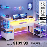 SEDETA 59 Inch L Shaped Gaming Desk with PC Display Stand Reversible Computer Desk with Storage Shelves 4 Drawer Modern Gamer Desk Table with LED Lights