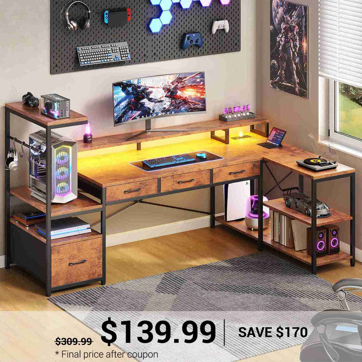 SEDETA 59 Inch L Shaped Gaming Desk with PC Display Stand Reversible Computer Desk with Storage Shelves 4 Drawer Modern Gamer Desk Table with LED Lights