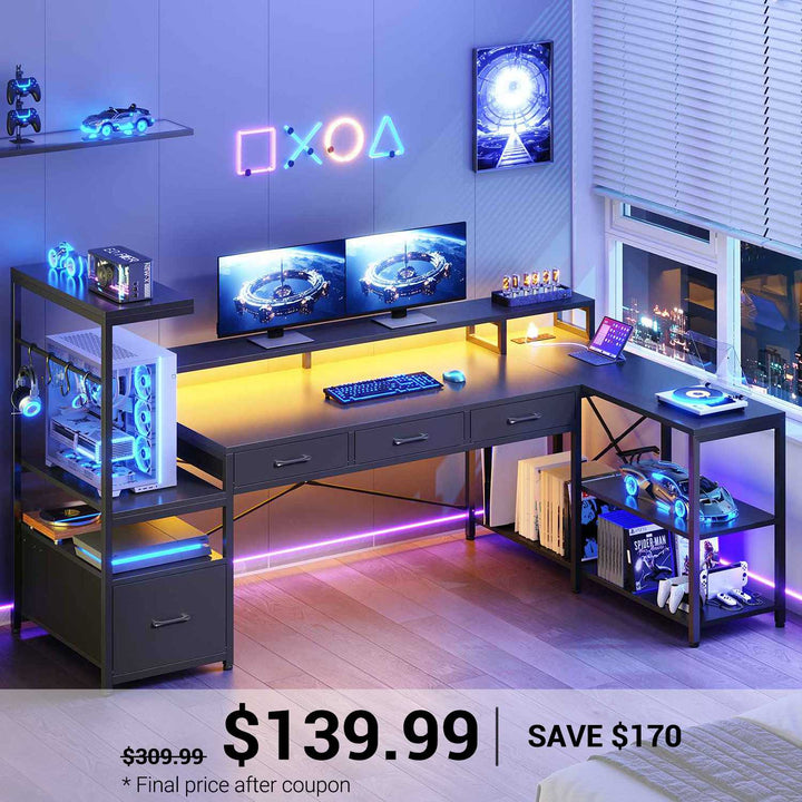 SEDETA 59 Inch L Shaped Gaming Desk with PC Display Stand Reversible Computer Desk with Storage Shelves 4 Drawer Modern Gamer Desk Table with LED Lights