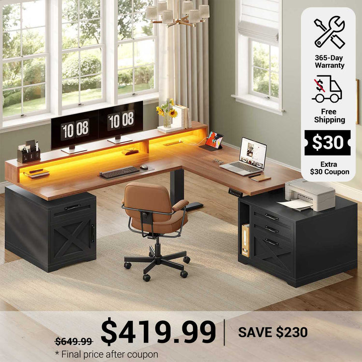 SEDETA 70.1 Inch Farmhouse L Shaped Standing Desk Electric Height Adjustable Executive Desk with Drawers Power Outlet Printer Stand Monitor Stand Led Lights