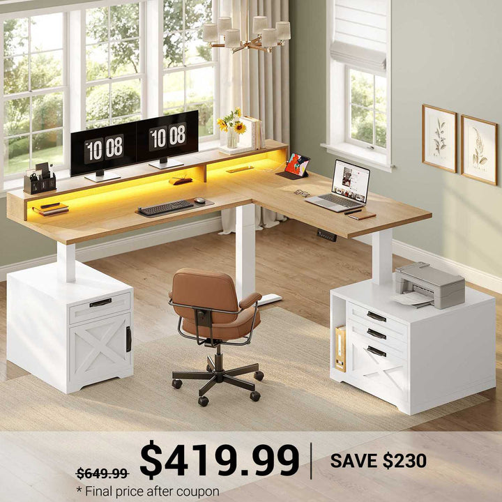SEDETA 70.1 Inch Farmhouse L Shaped Standing Desk Electric Height Adjustable Executive Desk with Drawers Power Outlet Printer Stand Monitor Stand Led Lights