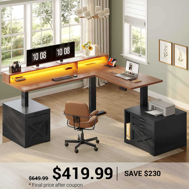 SEDETA 70.1 Inch Farmhouse L Shaped Standing Desk Electric Height Adjustable Executive Desk with Drawers Power Outlet Printer Stand Monitor Stand Led Lights