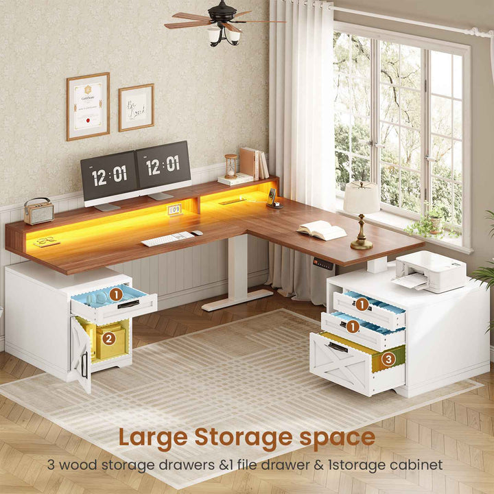 SEDETA 70.1 Inch Farmhouse L Shaped Standing Desk Electric Height Adjustable Executive Desk with Drawers Power Outlet Printer Stand Monitor Stand Led Lights