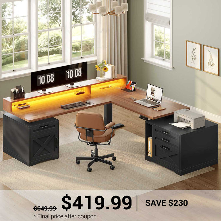 SEDETA 70.1 Inch Farmhouse L Shaped Standing Desk Electric Height Adjustable Executive Desk with Drawers Power Outlet Printer Stand Monitor Stand Led Lights