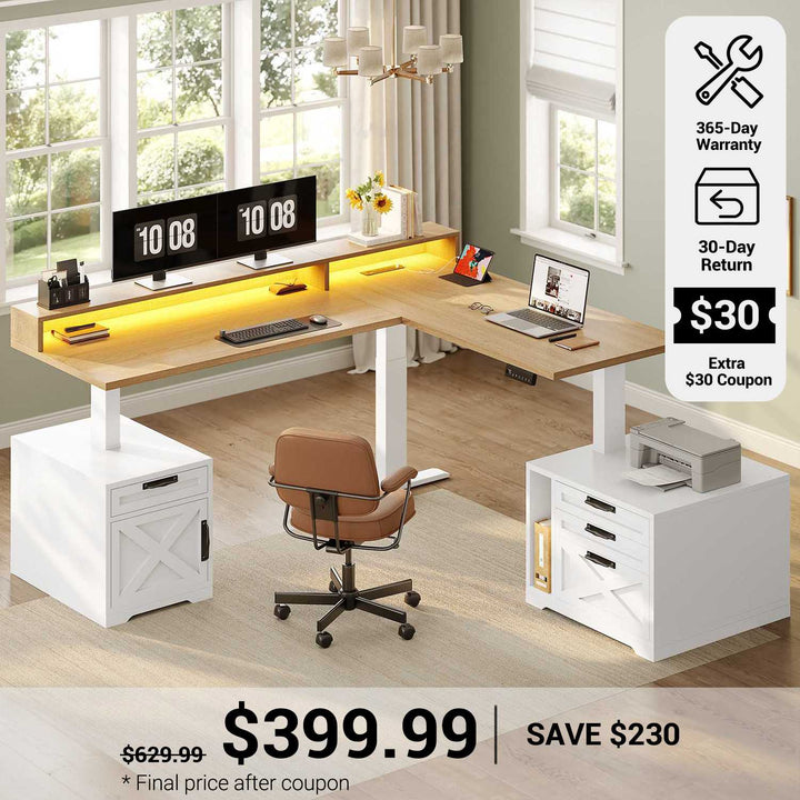 SEDETA® 70.1 Inch Farmhouse L Shaped Standing Desk Electric Height Adjustable Ergonomic Computer Desk with Drawers Power Outlet Printer Stand Monitor Stand