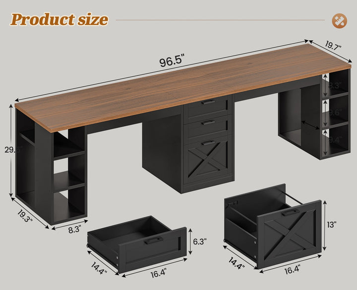 SEDETA 96.5 Inch Long Two Person Farmhouse Computer Desk Writing Desk with Drawers Storage Shelves
