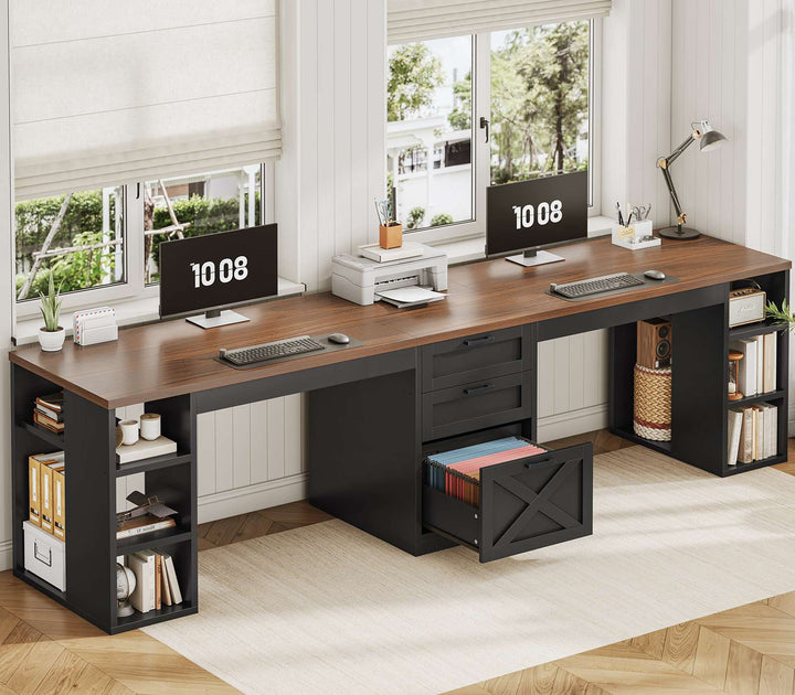 SEDETA 96.5 Inch Long Two Person Farmhouse Computer Desk Writing Desk with Drawers Storage Shelves