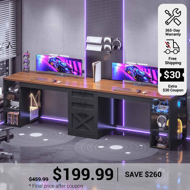 SEDETA 96.5 Inch Long Two Person Farmhouse Computer Desk Writing Desk with Drawers Storage Shelves