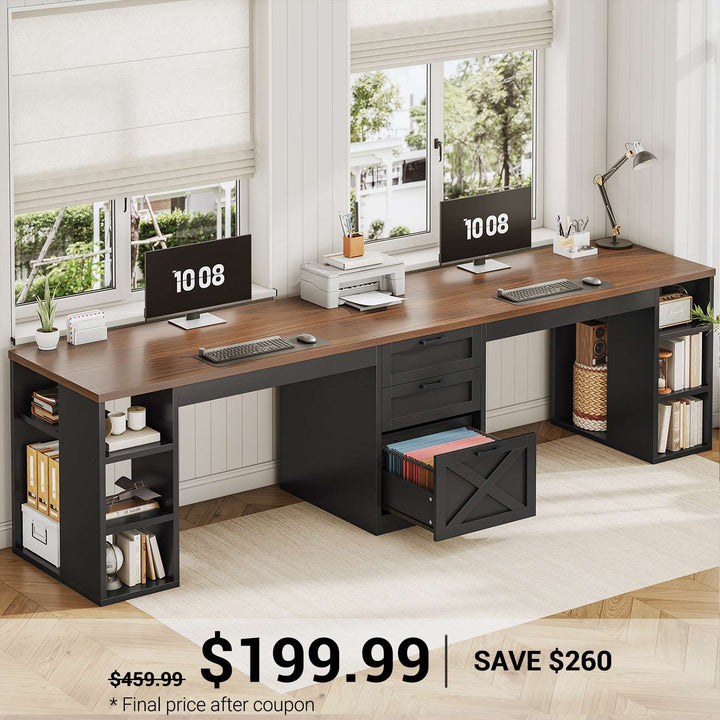 SEDETA 96.5 Inch Long Two Person Farmhouse Computer Desk Writing Desk with Drawers Storage Shelves