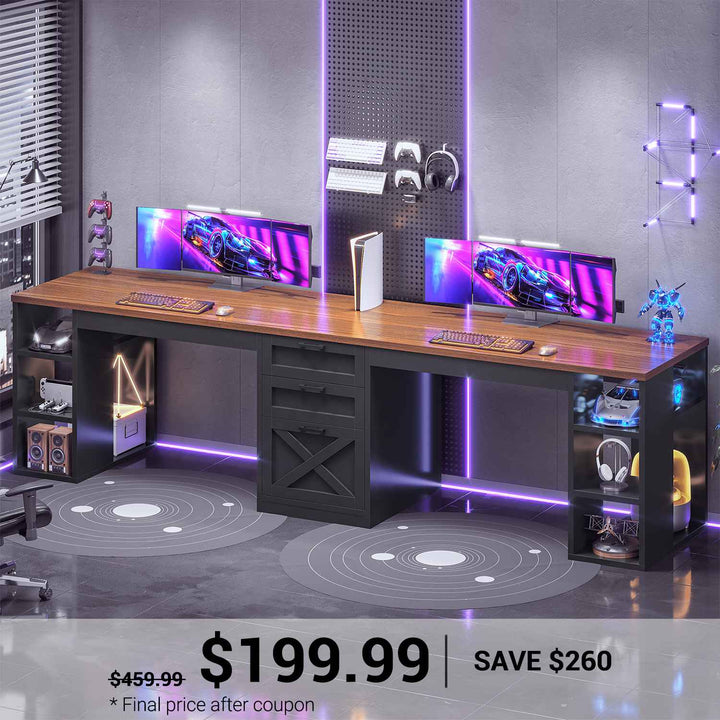 SEDETA 96.5 Inch Long Two Person Farmhouse Computer Desk Writing Desk with Drawers Storage Shelves