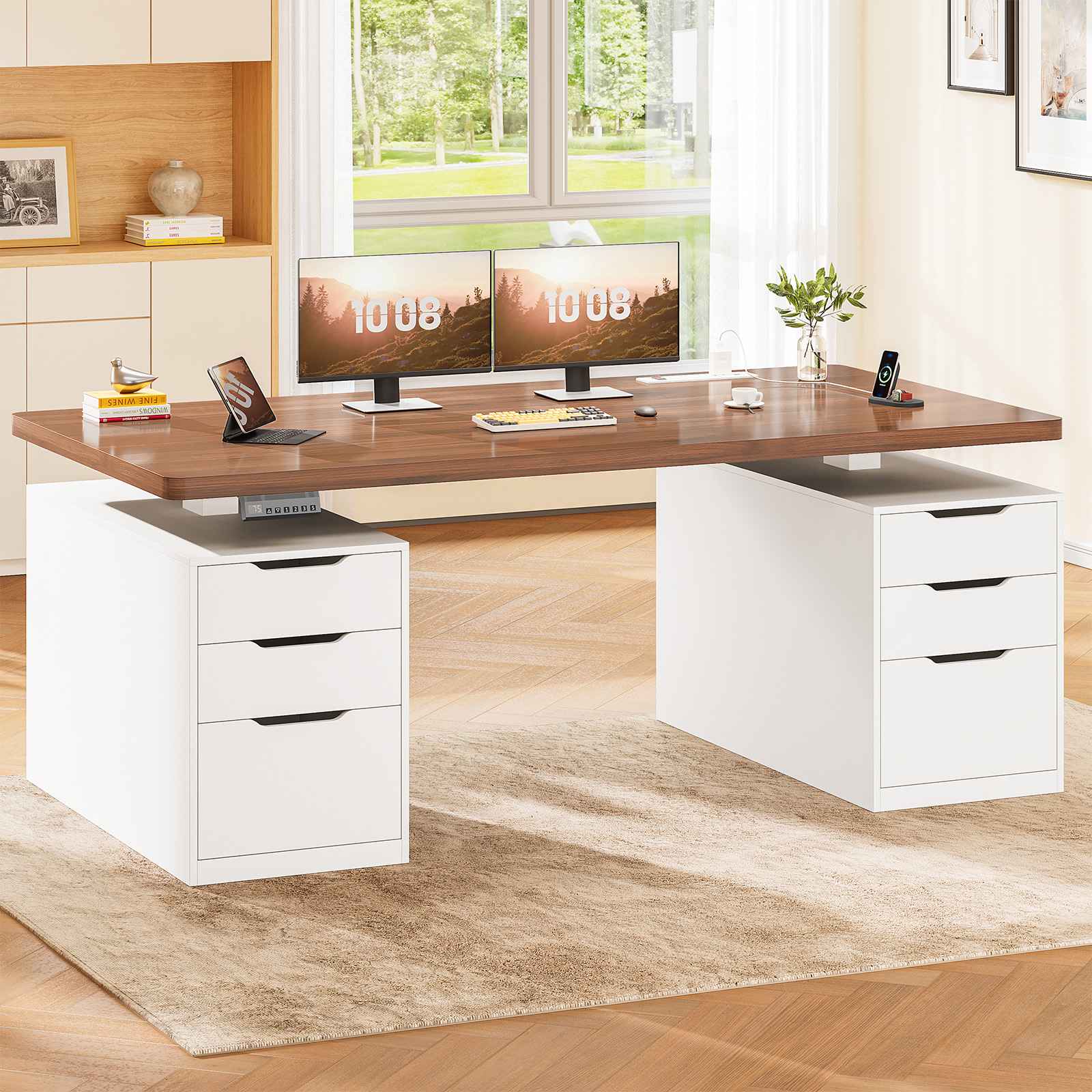 SEDETA | 55 Inch Sit Stand Adjustable Computer Desks with Power Outlet