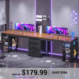 SEDETA | 96.5 Inch Farmhouse Computer Desk Gaming Double Desk with Drawers and Storage Shelves