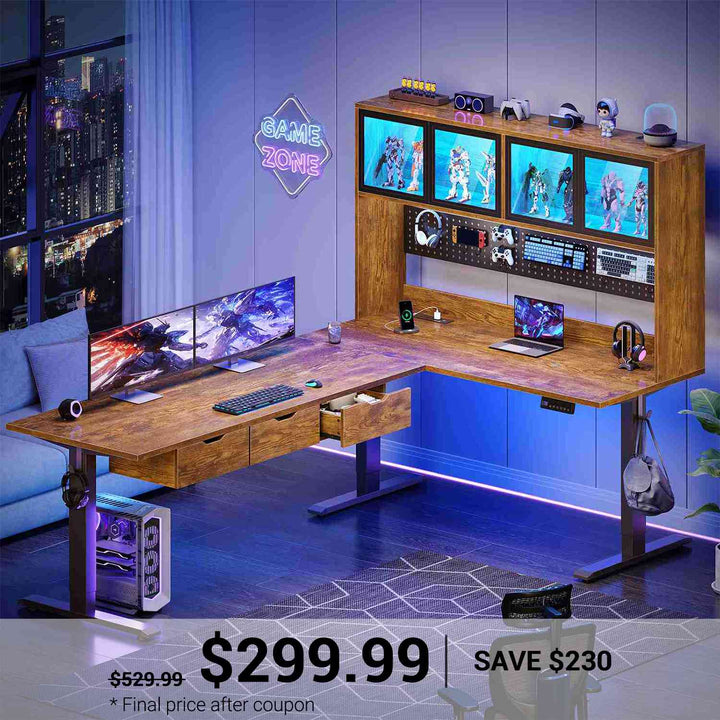 SEDETA 68.9 Inch Electric Standing Desk Height Adjustable L Shaped Gaming Desk Office Computer Desk with Led Lights Storage Drawers Hutch Pegboard