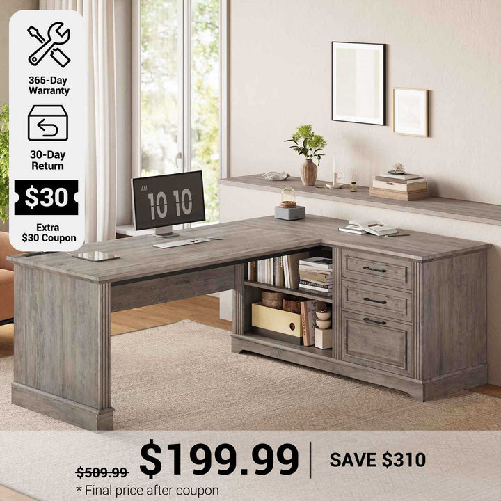 SEDETA® 61 Inch L Shaped Farmhouse Executive Computer Desk with Power Outlets File Drawers and Storage Shelves