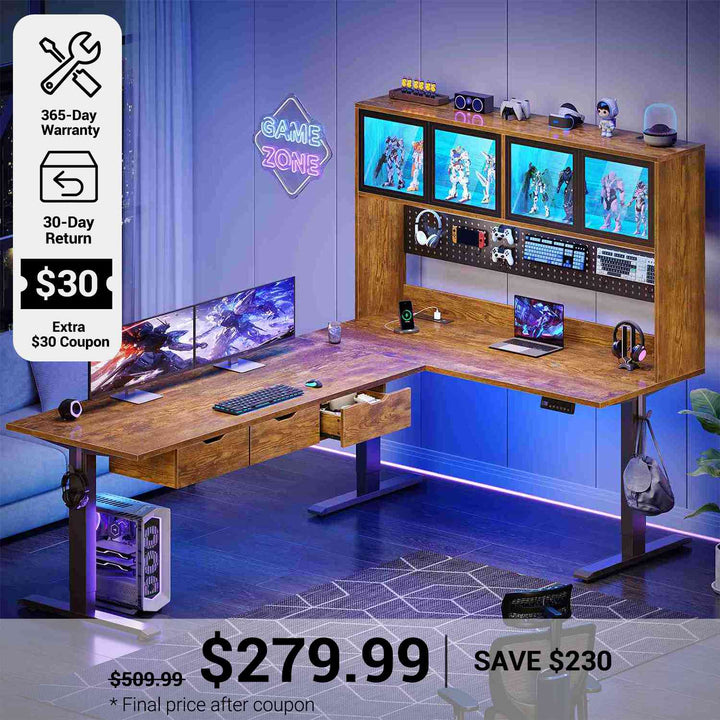 SEDETA® 68.9 Inch Electric Height Adjustable Standing Desk L Shaped Gaming Desk Computer Desk with Storage Hutch Drawers Led Lights