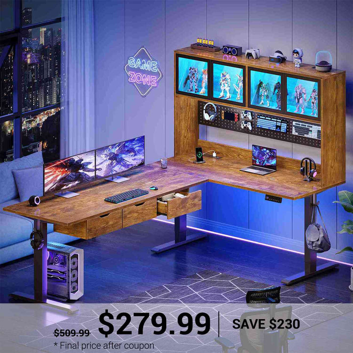 SEDETA® 68.9 Inch Electric Height Adjustable Standing Desk L Shaped Gaming Desk Computer Desk with Storage Hutch Drawers Led Lights