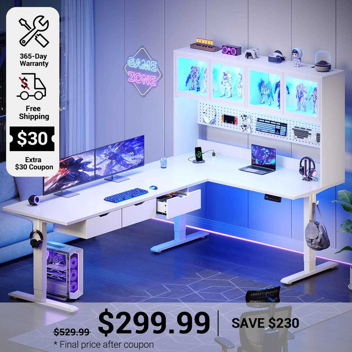 SEDETA 68.9 Inch Electric Standing Desk Height Adjustable L Shaped Gaming Desk Office Computer Desk with Led Lights Storage Drawers Hutch Pegboard