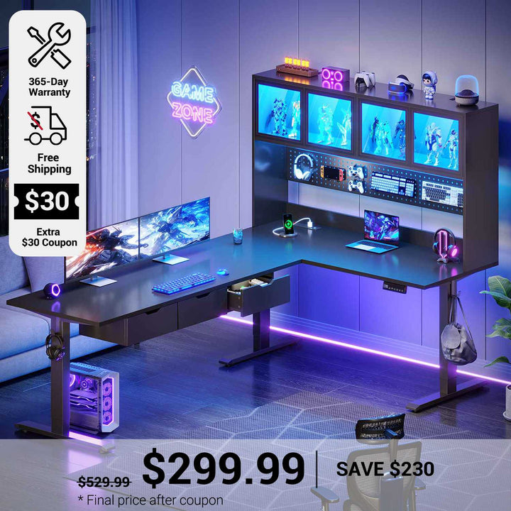 SEDETA 68.9 Inch Electric Standing Desk Height Adjustable L Shaped Gaming Desk Office Computer Desk with Led Lights Storage Drawers Hutch Pegboard