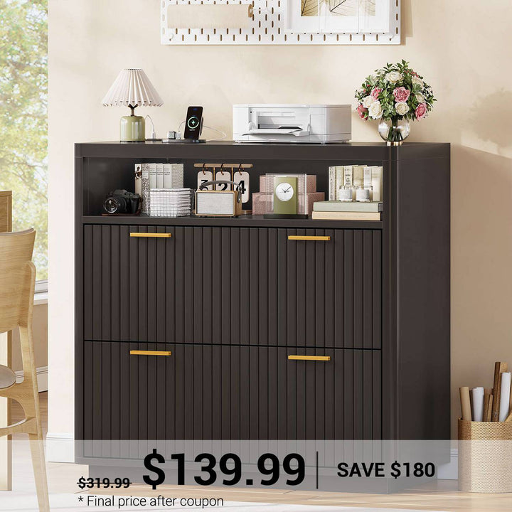 SEDETA | 31.5 Inch Farmhouse Filing Cabinet 2 Drawer Fluted File Cabinet with Power Strip and Printer Stand Fits A4 Size