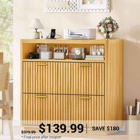 SEDETA | 31.5 Inch Farmhouse Filing Cabinet 2 Drawer Fluted File Cabinet with Power Strip and Printer Stand Fits A4 Size