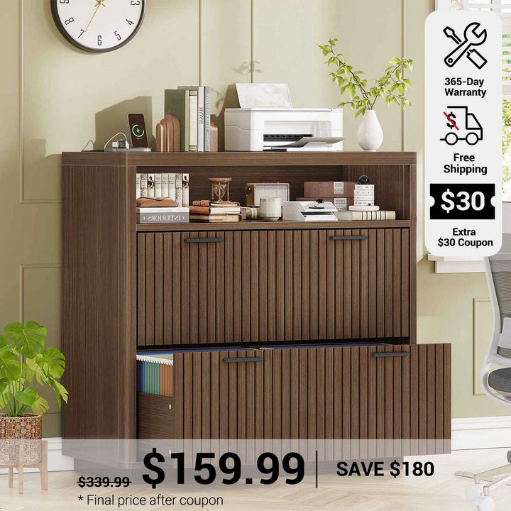 SEDETA 31.5 Inch Farmhouse Filing Cabinet 2 Drawer Fluted File Cabinet with Power Strip Printer Stand with Storage Fits Letter/Legal/A4 Size
