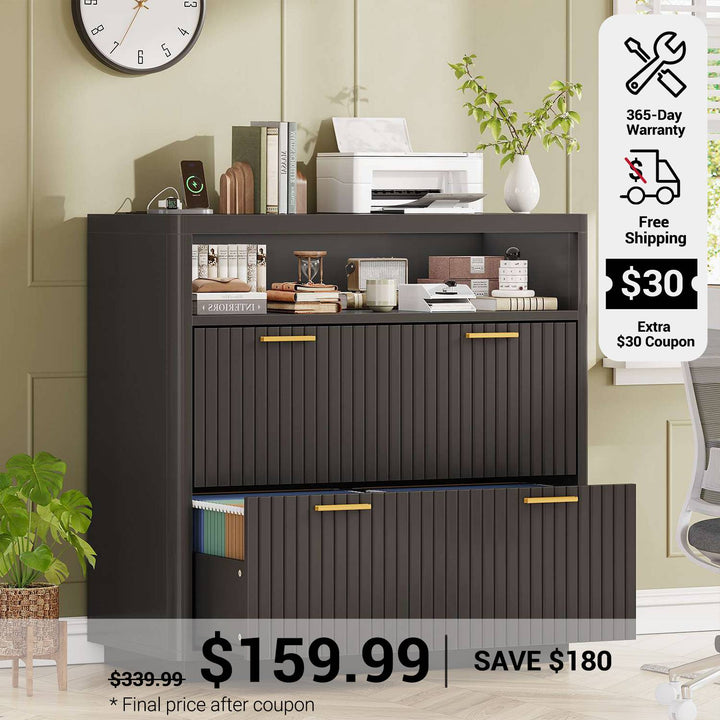 SEDETA 31.5 Inch Farmhouse Filing Cabinet 2 Drawer Fluted File Cabinet with Power Strip Printer Stand with Storage Fits Letter/Legal/A4 Size