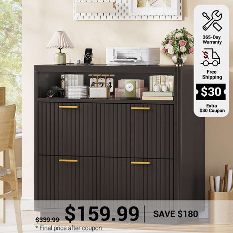 SEDETA 31.5 Inch Farmhouse Filing Cabinet 2 Drawer Fluted File Cabinet with Power Strip Printer Stand with Storage Fits Letter/Legal/A4 Size