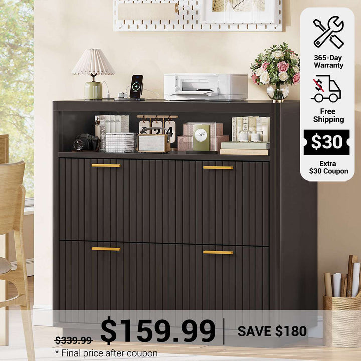 SEDETA 31.5 Inch Farmhouse Filing Cabinet 2 Drawer Fluted File Cabinet with Power Strip Printer Stand with Storage Fits Letter/Legal/A4 Size