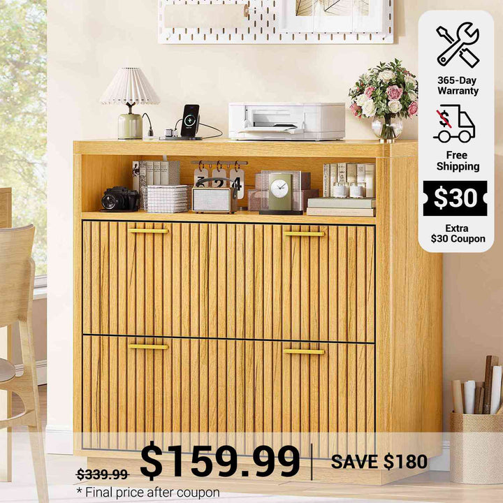 SEDETA 31.5 Inch Farmhouse Filing Cabinet 2 Drawer Fluted File Cabinet with Power Strip Printer Stand with Storage Fits Letter/Legal/A4 Size