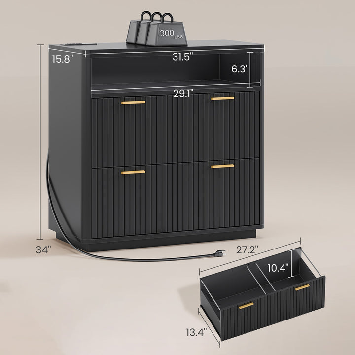 SEDETA | 31.5 Inch Farmhouse Filing Cabinet 2 Drawer Fluted File Cabinet with Power Strip and Printer Stand Fits A4 Size