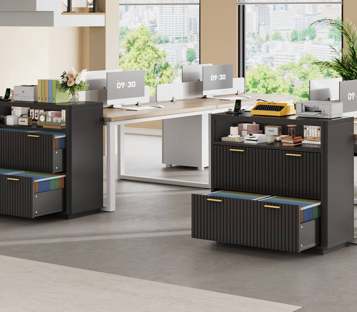 SEDETA | 31.5 Inch Farmhouse Filing Cabinet 2 Drawer Fluted File Cabinet with Power Strip and Printer Stand Fits A4 Size