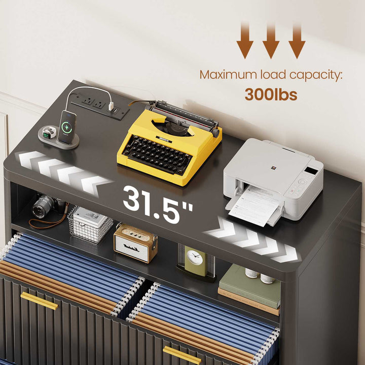 SEDETA | 31.5 Inch Farmhouse Filing Cabinet 2 Drawer Fluted File Cabinet with Power Strip and Printer Stand Fits A4 Size