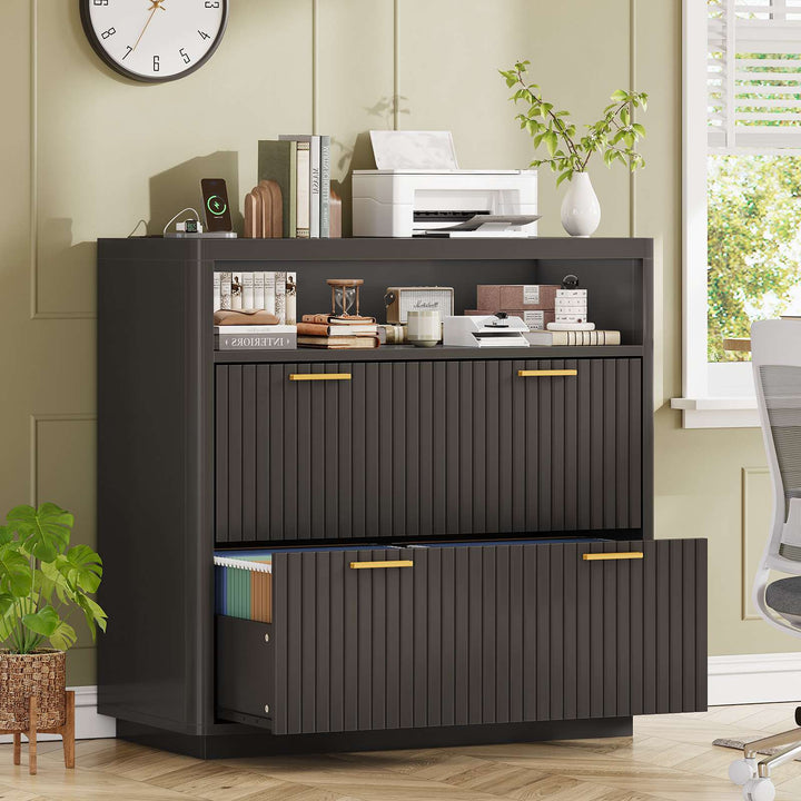 SEDETA | 31.5 Inch Farmhouse Filing Cabinet 2 Drawer Fluted File Cabinet with Power Strip and Printer Stand Fits A4 Size