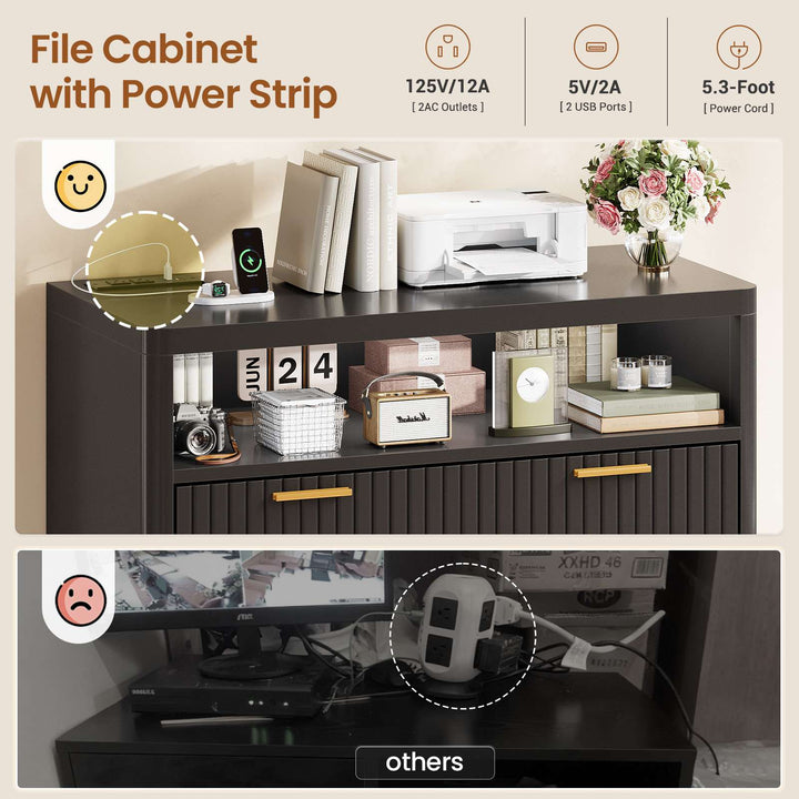SEDETA | 31.5 Inch Farmhouse Filing Cabinet 2 Drawer Fluted File Cabinet with Power Strip and Printer Stand Fits A4 Size