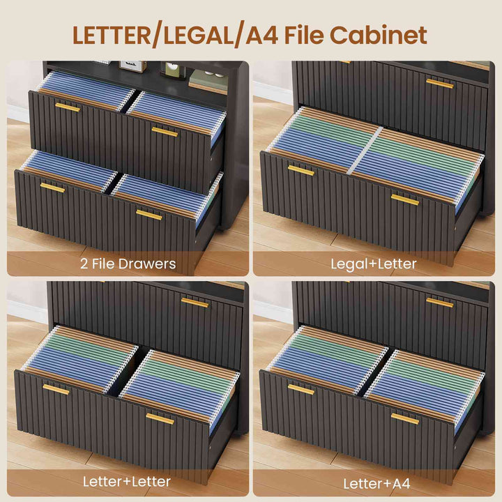 SEDETA | 31.5 Inch Farmhouse Filing Cabinet 2 Drawer Fluted File Cabinet with Power Strip and Printer Stand Fits A4 Size