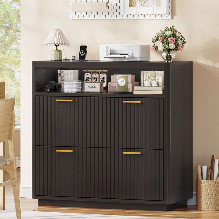 SEDETA | 31.5 Inch Farmhouse Filing Cabinet 2 Drawer Fluted File Cabinet with Power Strip and Printer Stand Fits A4 Size