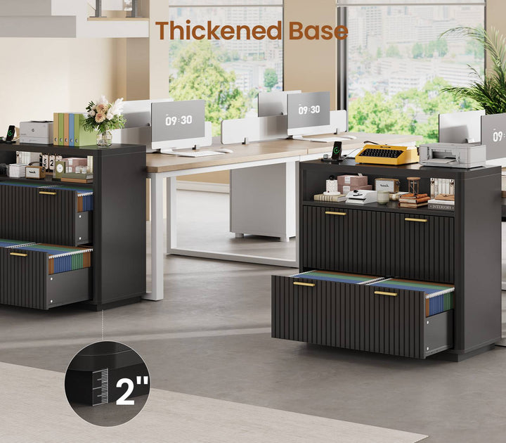 SEDETA | 31.5 Inch Farmhouse Filing Cabinet 2 Drawer Fluted File Cabinet with Power Strip and Printer Stand Fits A4 Size