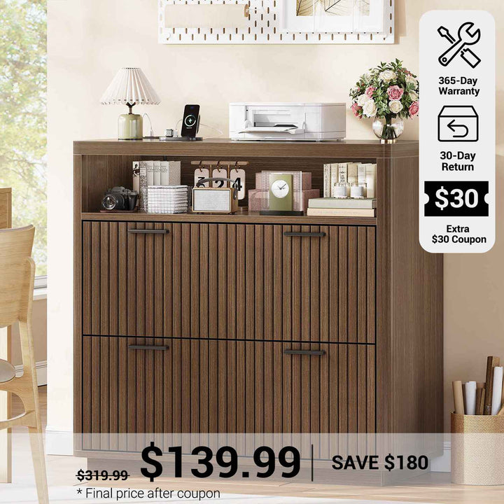 SEDETA® 31.5 Inch 2 Drawer Fluted File Cabinet with Printer Stand Power Strip Storage Farmhouse Filing Cabinet Fits Letter/Legal/A4 Size