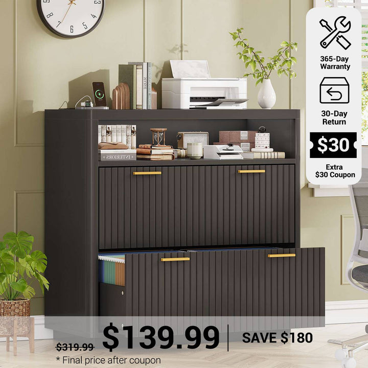SEDETA® 31.5 Inch 2 Drawer Fluted File Cabinet with Printer Stand Power Strip Storage Farmhouse Filing Cabinet Fits Letter/Legal/A4 Size