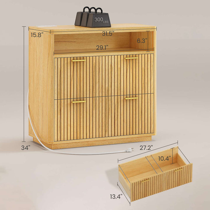 SEDETA | 31.5 Inch Farmhouse Filing Cabinet 2 Drawer Fluted File Cabinet with Power Strip and Printer Stand Fits A4 Size