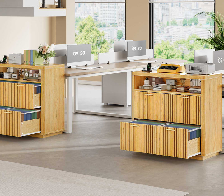 SEDETA | 31.5 Inch Farmhouse Filing Cabinet 2 Drawer Fluted File Cabinet with Power Strip and Printer Stand Fits A4 Size