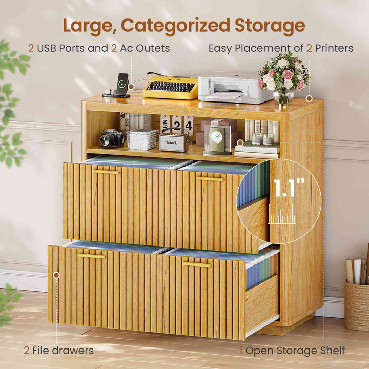 SEDETA | 31.5 Inch Farmhouse Filing Cabinet 2 Drawer Fluted File Cabinet with Power Strip and Printer Stand Fits A4 Size