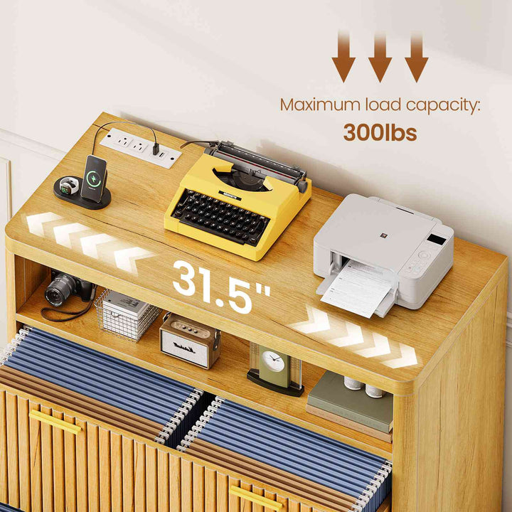 SEDETA | 31.5 Inch Farmhouse Filing Cabinet 2 Drawer Fluted File Cabinet with Power Strip and Printer Stand Fits A4 Size