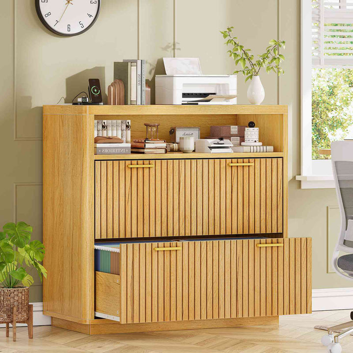 SEDETA | 31.5 Inch Farmhouse Filing Cabinet 2 Drawer Fluted File Cabinet with Power Strip and Printer Stand Fits A4 Size